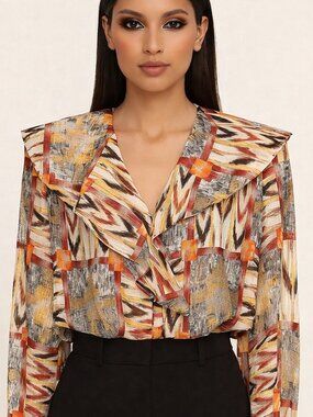 Vtg Print Button-Up Ruffle Long Slv Blouse Boho Fall Festive Party Retro Spring